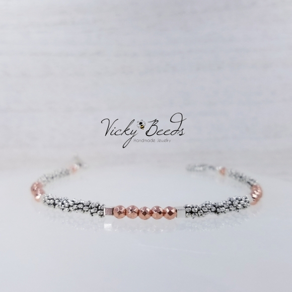 Ladies Two Tone Beaded Gemstone Toggle Bracelet - Picture 2 of 8